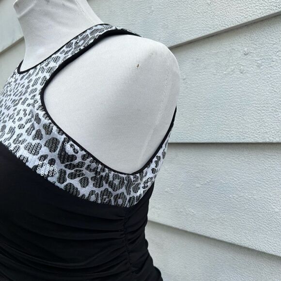 **** Cache Black Sequin Sleeveless Cheetah Print Ruched Dress (P) - Picture 7 of 12